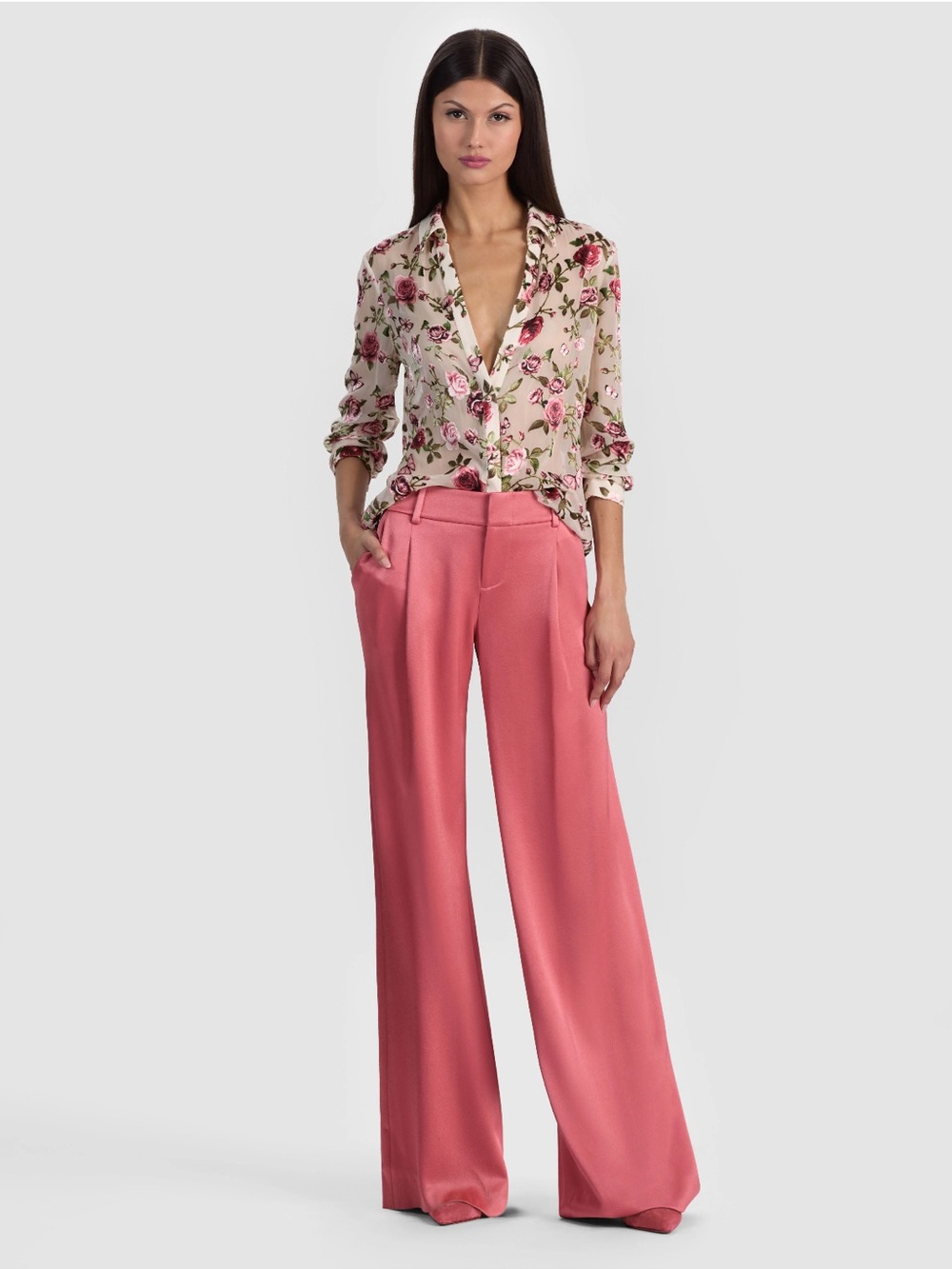 Alice + Olivia Eric Satin Wide Leg Pants Deep Rose Pink Size 0 NWT